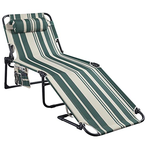 PRAISUN Folding Lounge Chair for Outside, Chaise Lounge for Outdoor, Tanning Chair with 5-Position Backrest, Sun Lounger Chair with Detachable Pillow, Fabric Bag, for Pool, Garden - Green Stripe