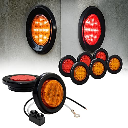 8pc 2.5" Amber + Red Round Trailer LED Clearance Marker Lights [DOT Approved] [Reflector Lens] [Grommet] [Flush-Mount] [Waterproof IP67] Marker Clearance Lights for Trailer Truck