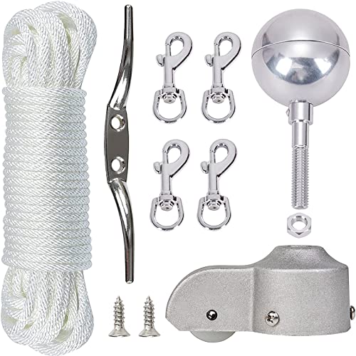 NQ Flagpole Hardware Repair Parts Kit-50 Feet Halyard Rope +3" Silver Ball+6" Zinc Alloy Cleat +4 PCS Metal Swivel Snap Clips+Aluminum Alloy Flagpole Truck with Nylon Pulley for 1.6"-2" Flag Poles Top