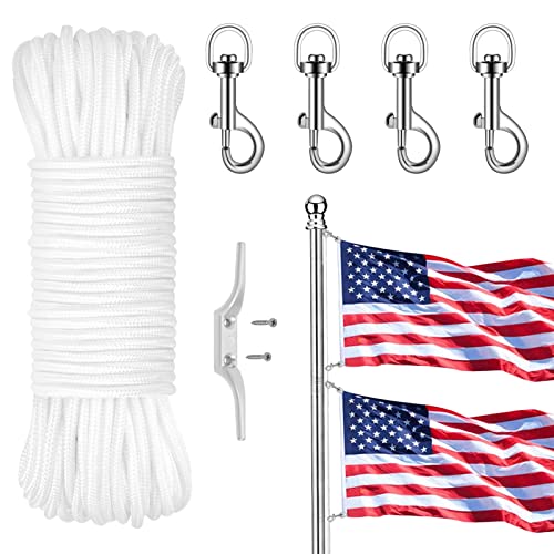 6 Pack Flagpole Hardware Repair Parts Kit, Flag Pole Rope Kit 100 FT with 4 Flag Swivel Snap Clips 1 Rope Cleat Hook, Double Braided Nylon Rope Outdoor Flag Pole Accessories for Clothesline, Crafting