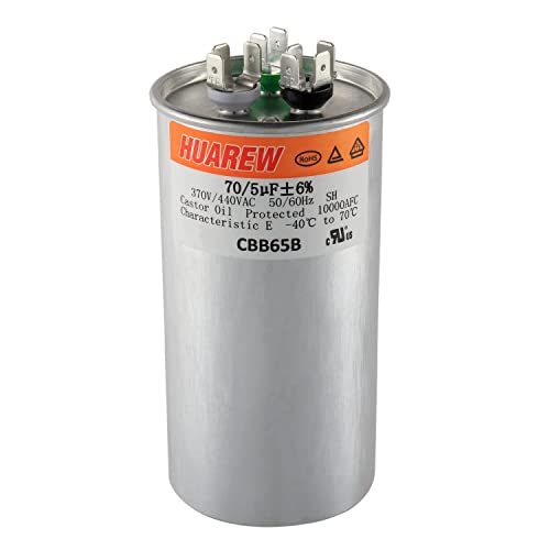 HUAREW 70+5 uF 6% 70/5 MFD 370/440 VAC CBB65 Dual Run Start Round Capacitor for Condenser Straight Cool or Heat Pump Air Conditioner or AC Motor and Fan Starting