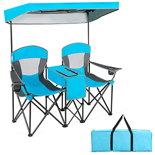 Tangkula Loveseat Camping Chair with Adjustable Shade Canopy, Portable Beach Chair with Cooler Bag, 2 Cup Holders, Carrying Bag, Foldable Double Lawn Chair for Travel, Fishing, Picnic (Blue)