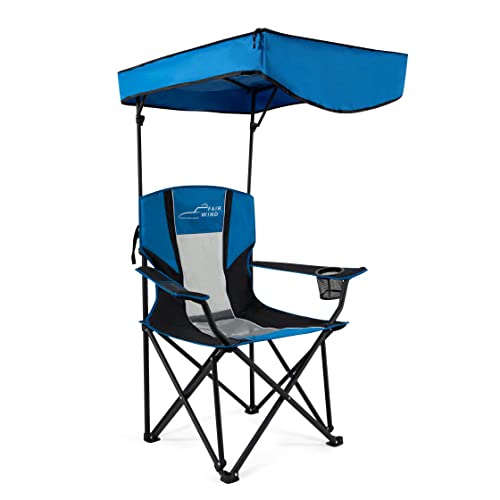 FAIR WIND Oversized Camping Lounge Chair with Adjustable Shade Canopy for Outdoor Sports Heavy Duty Quad Fold Chair Arm Chair - Support 350 LBS(Black Blue)