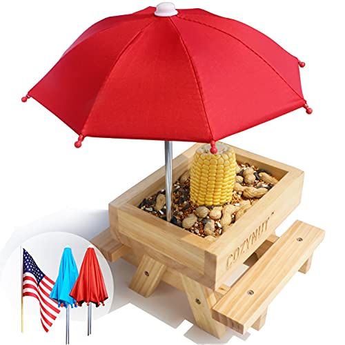 Squirrel Feeder for Outside Funny, Squirrel Picnic Table Feeder with Umbrella & Flag, Feeder with Corn Cob Holder & Peanuts Seeds Loader, Large Hanging Food Feeder for Squirrel & Chipmunk by COZYNUT