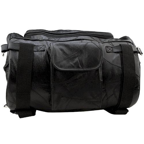 Barton Outdoors Motorcycle Bag - Barrel Style - All Genuine Black Leather - Fits Any US Bike - Extra Storage Pockets Featuring Rugged Construction - 14 3/4"  9 3/4"  9 3/4"