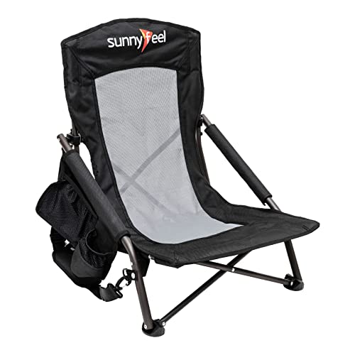 SUNNYFEEL Low Folding Beach Chair for Adults, Portable Lightweight Sling Beach Camping Chairs with Cup Holder,Carry Bag Armrest,Foldable Camping Chair for Outdoor Sand Concert Travel,300LBS (Black)