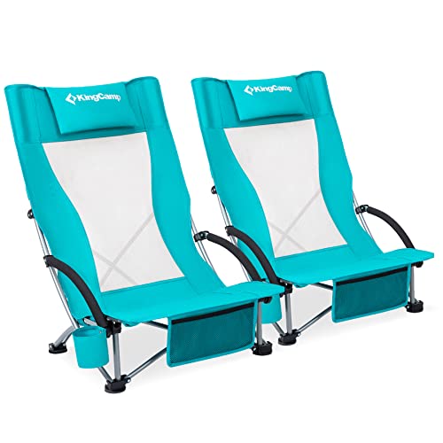 KingCamp Beach Chair 2 Pack High Back Lightweight Folding Backpack Chair with Cup Holder Pocket Pillow Bag for Outdoor Camping Sand Concert Lawn Festival Sports, Cyan