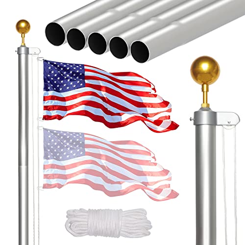 NELXINJO 20FT Sectional Flag Pole Kit, Heavy Duty Aluminum Outdoor In-Ground Flagpole, Gold Ball Top, 3x5 USA Flag for Residential commercial Outdoor Garden(20FT, Silver)