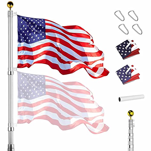 16 FT Telescopic Flag Poles for Outside In Ground with 2 Free 3x5 American Flags and Golden Ball for Residential or Commercial, Silver