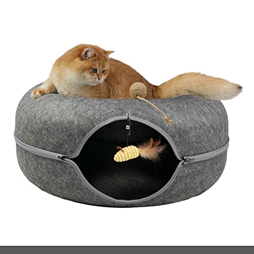 Cat Tunnel Cave Bed Indoor Cat Tunnel for Cats Indoor Cat Hideout Cats (Large) Houses Peekaboo Cave Condos Eco-Friendly, Spacious for 2 Cats, (24 in * 24 in* 11 in) Dark Grey