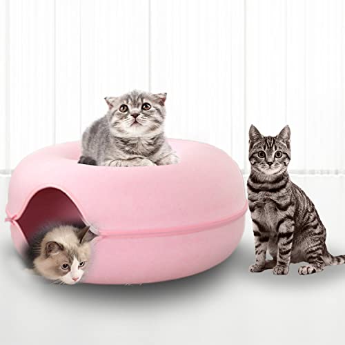 LiMMAX Cat Tunnel Bed Cat Tunnels for Indoor Cats Cave Bed Soft and Felt Cat Cave with Tunnel Indoor Cat Hideaway Cat Donut Peekaboo Cat Cave for Indoor with Small Pets Cats, Kittens, Puppy Pink