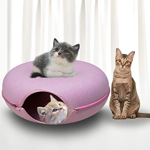 Cat Tunnel Bed Cat Cave Cat Tunnels Bed for Indoor Cats Hideaway Detachable Round Felt and Washable Interior Peekaboo Cat Cave Bed for Small Pets Rabbits, Kittens, Puppy Pink