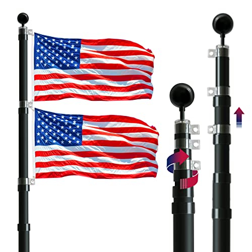 iElyiEsy Telescopic Black Flag Pole Kit 20Ft Height Adjustable Heavy Duty Aluminum Flagpoles with Two 3x5 American Flags & Black Ball Topper for Yard House Ground Residential Commercial