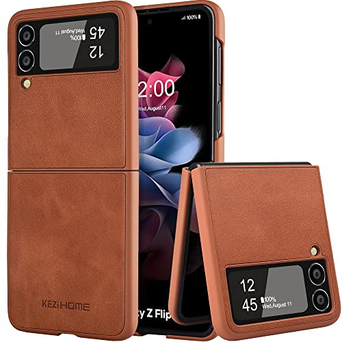 KEZiHOME Samsung Galaxy Z Flip 3 Case, Genuine Leather Samsung Z Flip 3 5G, Durable Minimalist Ultra Thin Slim Cover Protective Phone Case Compatible with Samsung Galaxy Z Flip 32021(Tan Cloudy)