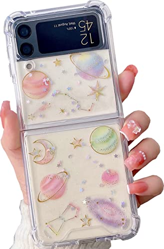 Shinymore Galaxy Z Flip 3 Clear Case, Soft Clear Flexible Rubber Planet Space Stars Sparkle Case Girls Women Glitter Shockproof Protective Case for Samsung Galaxy Z Flip 3 -Universe