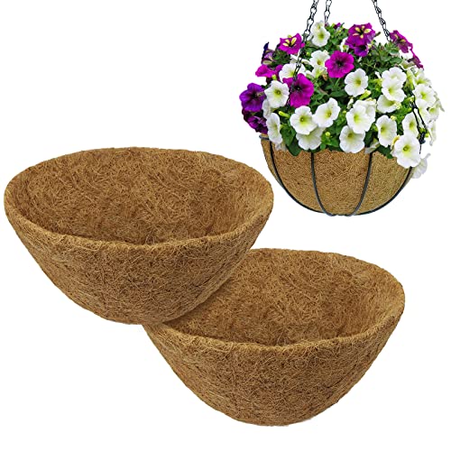 zhemiao 2PCS Round Coco Liners for Hanging Basket, 12 inch Natural Coconut Fiber Planter Inserts Replacement Liner for Garden Flower Pot