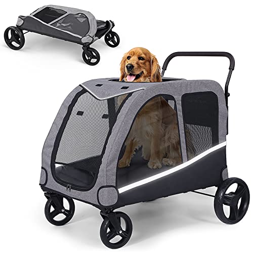 Saudism Dog Stroller for Large Dogs, Extra Large Pet Stroller for for Medium Dogs, Dog Stroller for 2 Dogs, Dog Wagon, Dog Carriage, Foldable Design, Adjustable Handle, with Pocket, Up to 160 lbs