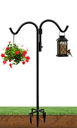 AnBaiMei 76 Inch Double Shepherds Hook for Outdoor with 5 Prong Base, Adjustable Heavy Duty Bird Feeder Pole for Hanging Flower Basket, Plant Hanger, Solar Light Lanterns, Black