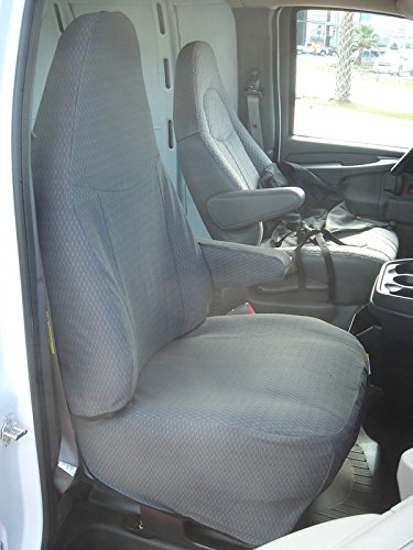 Durafit Seat Covers, 1996-2009 Chevy Express and GMC Savanna, Front Captain Chairs with Molded Headrests and One armrest per Seat in Dark Gray Twill Fabric