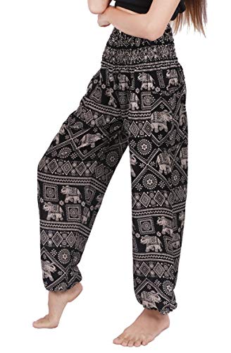 Banjamath Women's Smocked Waist Harem Hippie Boho Yoga Palazzo Casual Pants (XXL,Elephant Black)