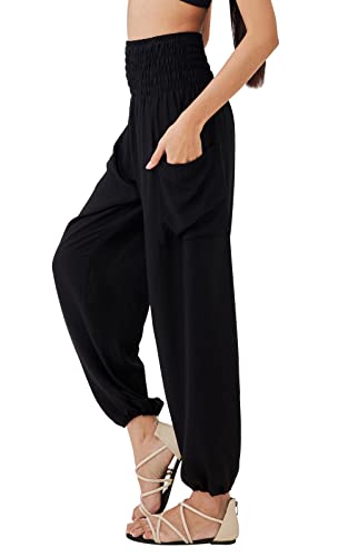 Joob Joob Boho Pants for Women - Flowy Loose Harem Hippie Pants - Casual Yoga Bohemian Joggers Comfy Lounge Pajamas Black Medium