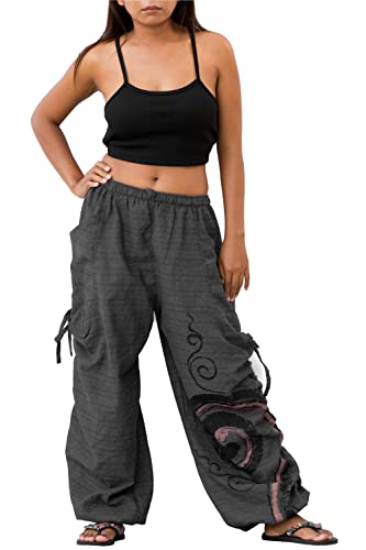 Thaluta Women's Harem Cotton Pants Loose Fit Yoga Spiral Print Pants with Pockets (Ash Black)