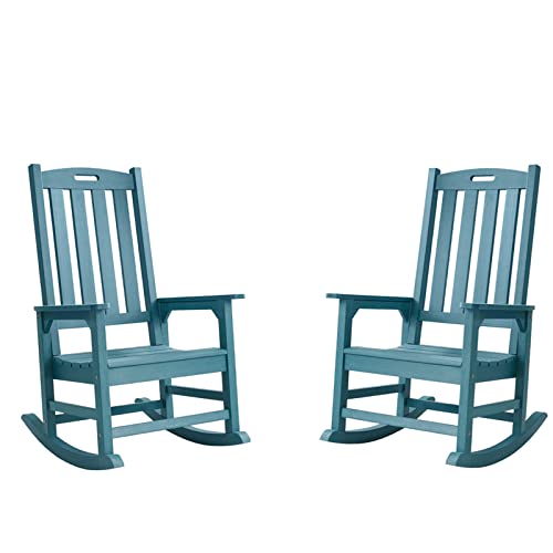 Psilvam Patio Rocking Chairs Set of 2, Poly Lumber Porch Rocker with High Back, 350Lbs Support Rocking Chairs for Both Outdoor and Indoor, Poly Rocker Chair Looks Like Real Wood (2, Blue)