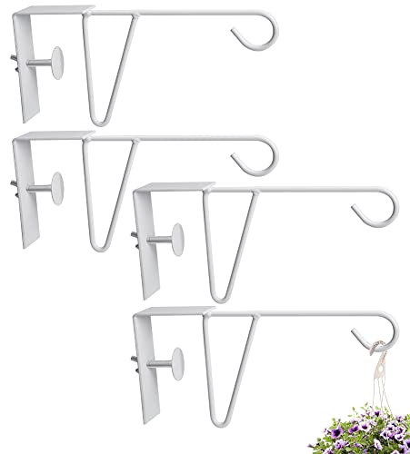 moonoom 4 Pcs Adjustable Vinyl Fence Hooks, Patio Hangers Decorative White Powder Coated Steel Fence Hangers Suitable for Hanging Plants,Lights,Basket (4pcs White)