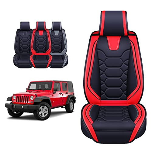 OASIS AUTO Jeep Wrangler JK JL Accessories Seat Covers 2007-2025 Custom Fit 2/4 Door Leather Cover Protector Cushion Unlimited X Rubicon Sahara and More (Full Set, RED)