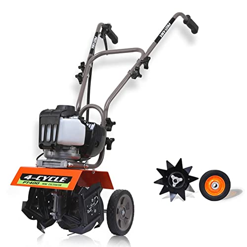 PROYAMA Garden Tiller Gas Powered, 40cc 4-Cycle Gas Tiller and Cultivators, 2 in 1 Cultivator with Edger, Adjustable Width and Depth