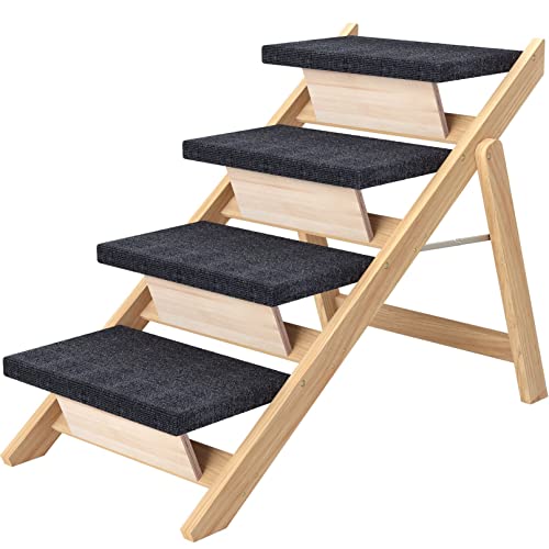 RunLexi Pet Stairs/Steps, Large Dogs Steps for High Beds, Sofa, Couch, Car, 2-in-1 Foldable Wood Dog Ramp with Non-Slip Pads, Safety, Durable Portable Dog/Cat Ladder Up to 110 lbs, 4 Steps