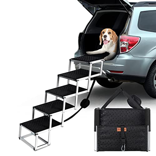 Barpor Dog Ramp Portable Pet Steps for Cars, SUV and Trucks Adjustable Aluminum Dog Stairs Lightweight Pet Ladder with Non-Slip Surface Supports to Large Dogs 200-250 Lbs, 4/5 Steps (Upgraded 5-Step)