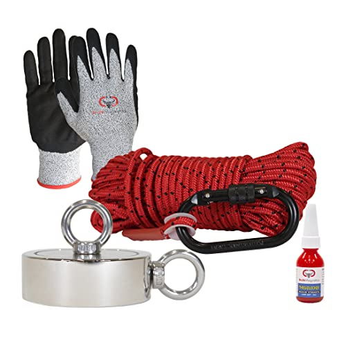 Brute Magnetics Complete Magnet Fishing Bundle | 2600 lb Pull Force Magnet, 4.57" Diameter | Double Sided Magnet, 65 ft Rope, Carabiner, Gloves, Threadlocker | Rare Earth Neodymium Magnet