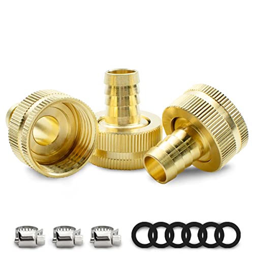 SANATO 3 Pcs Brass Garden Female Hose End Repair Connector, 3/8" Barb x 3/4" Female GHT Thread Fittings with Clamps and Rubber Rings