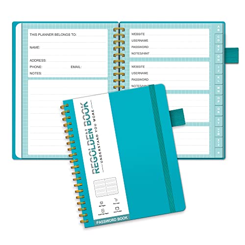 Regolden-Book Password Book with Alphabetical Tabs, Hardcover Password Keeper Book, Internet Password & Address Organizer Logbook for Computer & Website Logins, Pocket Size,Pen Loop, Pocket, Teal