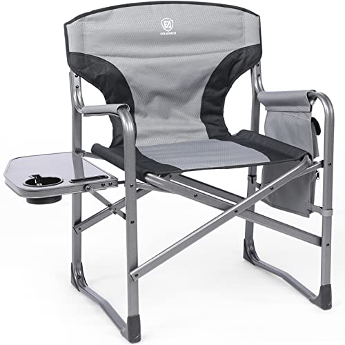 EVER ADVANCED Lightweight Folding Directors Chairs Outdoor, Aluminum Camping Chair with Side Table and Storage Pouch, Heavy Duty Supports 350LBS (Grey/Black)