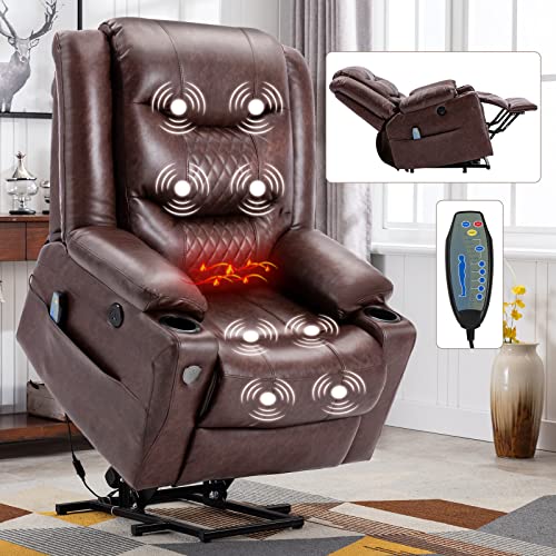 EVER ADVANCED Power Lift Recliner, Lift Chairs recliners for Elderly, Lift Chair with Heat and Massage, Remote Control, USB Port, 2 Cup Holders & Side Pockets for Home,Office (Faux Leather Brown)