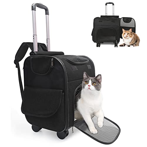GJEASE Pet Rolling Carrier Backpack with Wheels(Large Space),Rolling Backpack with Durable Handle and Flexible Wheels,Breathable Durable Mesh Panels