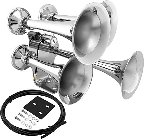 Vixen Horns Train Horn for Truck/Car. 4 Air Horn Chrome Plated Heavy Duty Trumpets. Super Loud dB. Fits 12v Vehicles Like Semi/Pickup/Jeep/RV/SUV VXH4318