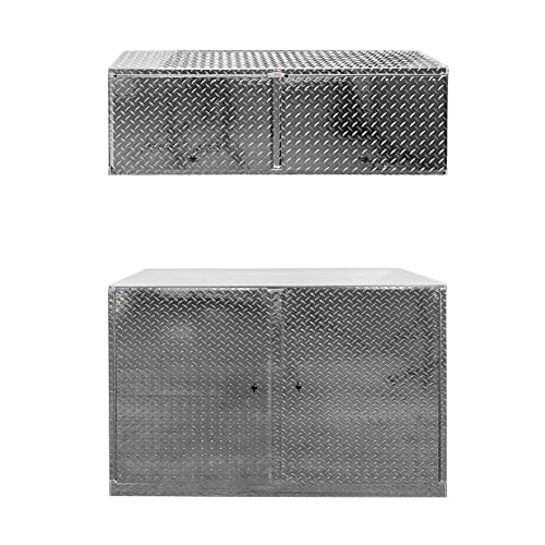 Pit Posse PP3357 4ft Base Cabinet and 4ft Overhead Storage Organizer Combo- Made in USA- Diamond Plate Aluminum- Enclosed Trailer Garage Automotive Race Shop- Adjustable Shelf- Assembled 48" (Silver)