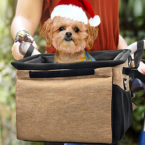 Detachable Bike Basket, Multi-Purpose Bicycle Handlebar Basket for Pet with 2 Big Side Pockets,Comfy & Padded Shoulder Strap, Shopping, Commuter, Camping and Outdoor (Mocha