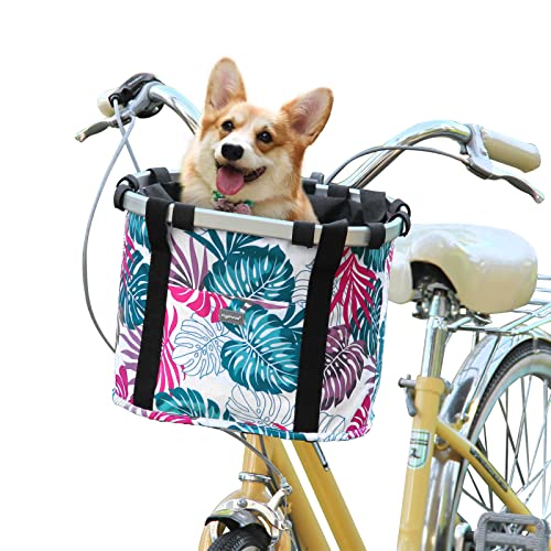 RAYMACE Bicycle Basket Dog Bike Handlebar Basket Front with Adjustable Pet Tether Folding Detachable Quick Release Easy Install (Pink Palm Leaf)