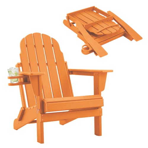 YOLENY Folding Adirondack Chair with Cup Holder, HDPE Patio Chair, Fire Pit Chairs with Weather Resistant & Easy Maintenance, for Garden, Backyard, Pool, Orange