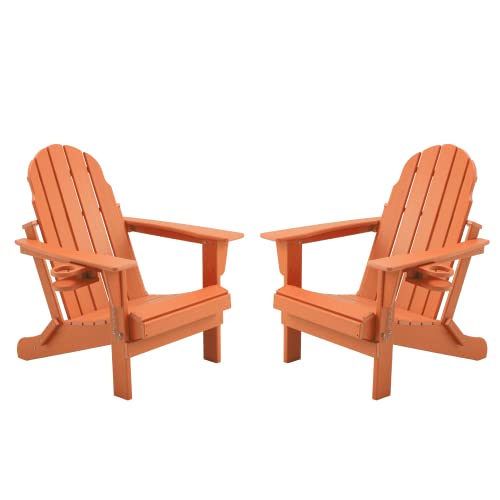 EROMMY Folding Adirondack Chairs Set of 2 with Cup Holder, All-Weather HDPE Fire Pit Chairs, 5 Steps Easy Installation, Widely Used in Patio, Pool Side, Deck, Backyard, Lawn, Orange