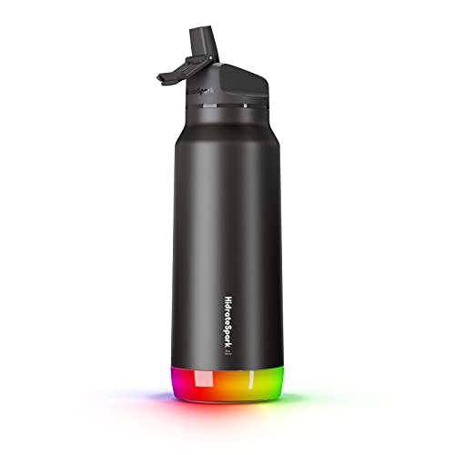 HidrateSpark PRO Smart Water Bottle Stainless Steel - Tracks Water Intake & Glows to Remind You to Stay Hydrated , Straw Lid, 32oz, Black