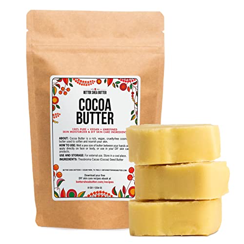 Better Shea Butter Raw Cocoa Butter | Unrefined, 100% Pure, Food Grade | Use as Lip Balm, Stretch Marks Cream, Scars Oil, Whipped Body Lotion | Skin and Hair Moisturizer | 8 oz block