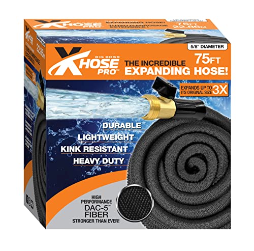 Xhose Pro Garden Hose, 75 Foot Expandable Garden Hoses, Tough & Flexible Water Hose, Lightweight, Solid Brass Fittings, Kink Free, Easy to Use & Store,Black