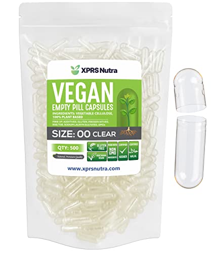 XPRS Nutra Size 00 Empty Capsules - 500 Count Clear Empty Vegan Capsules - Vegetarian Empty Pill Capsules- DIY Vegetable Capsule Filling- Veggie Pill Capsules Empty Caps Pills