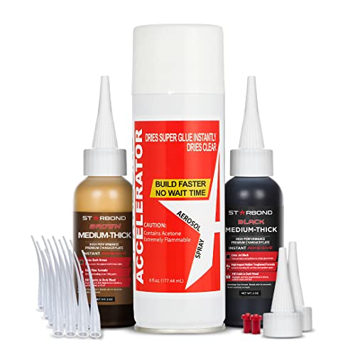 Premium Grade Cyanoacrylate (CA) Super Glue by STARBOND - Black (2oz) and Brown (2oz) Medium-Thick Viscosity "Knot Filler" and Aerosol Accelerator (6oz) Bundle for Woodworking, Woodturning, Carpentry