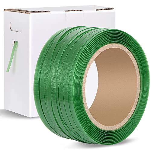 Heavy Duty Packaging Strapping Banding Roll - Green Polyester PET Industrial-Grade, 1000' x 5/8" x 0.035" Pallet Strap Coil - 1400 lbs Break Strength, Rust-Resistant with Self Dispensing Box Kit